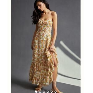 SHOSHANNA MIDNIGHT Remy Orange Yellow Floral Strapless Midi Dress Size 14